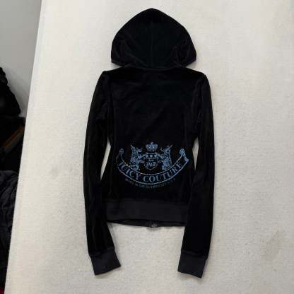 Juicy Couture Black Velour Tracksuit Set Zip Up Hoodie & Flared Pant Logo Size M-Coordom