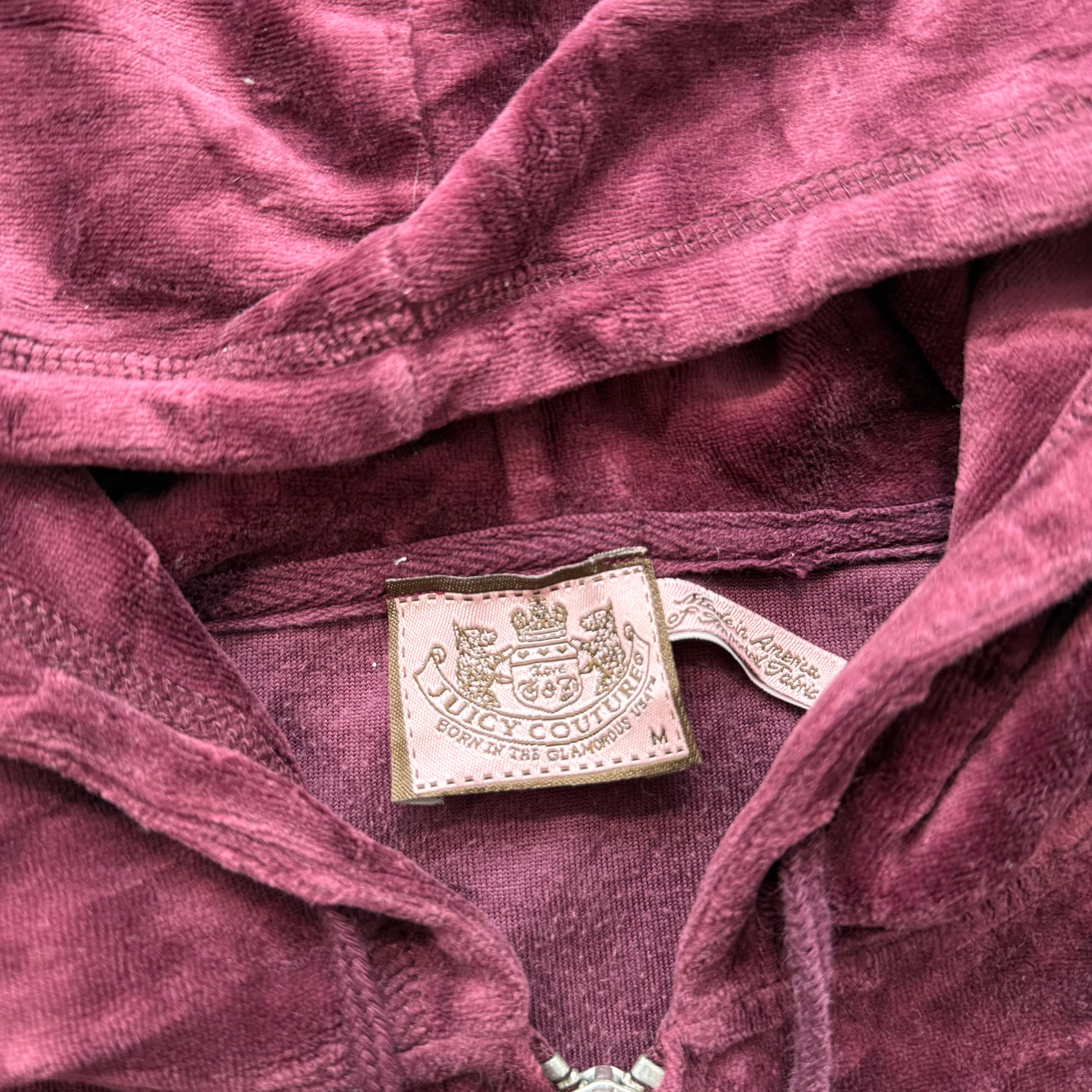 Juicy Couture Scottie Dogs Women's Burgundy Velour Zip-Up Hoodie Pockets Size M-Coordom