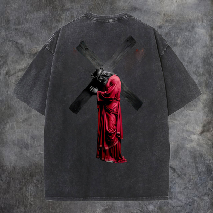 Cross - Bearing Figure Washed T-Shirt-Coordom