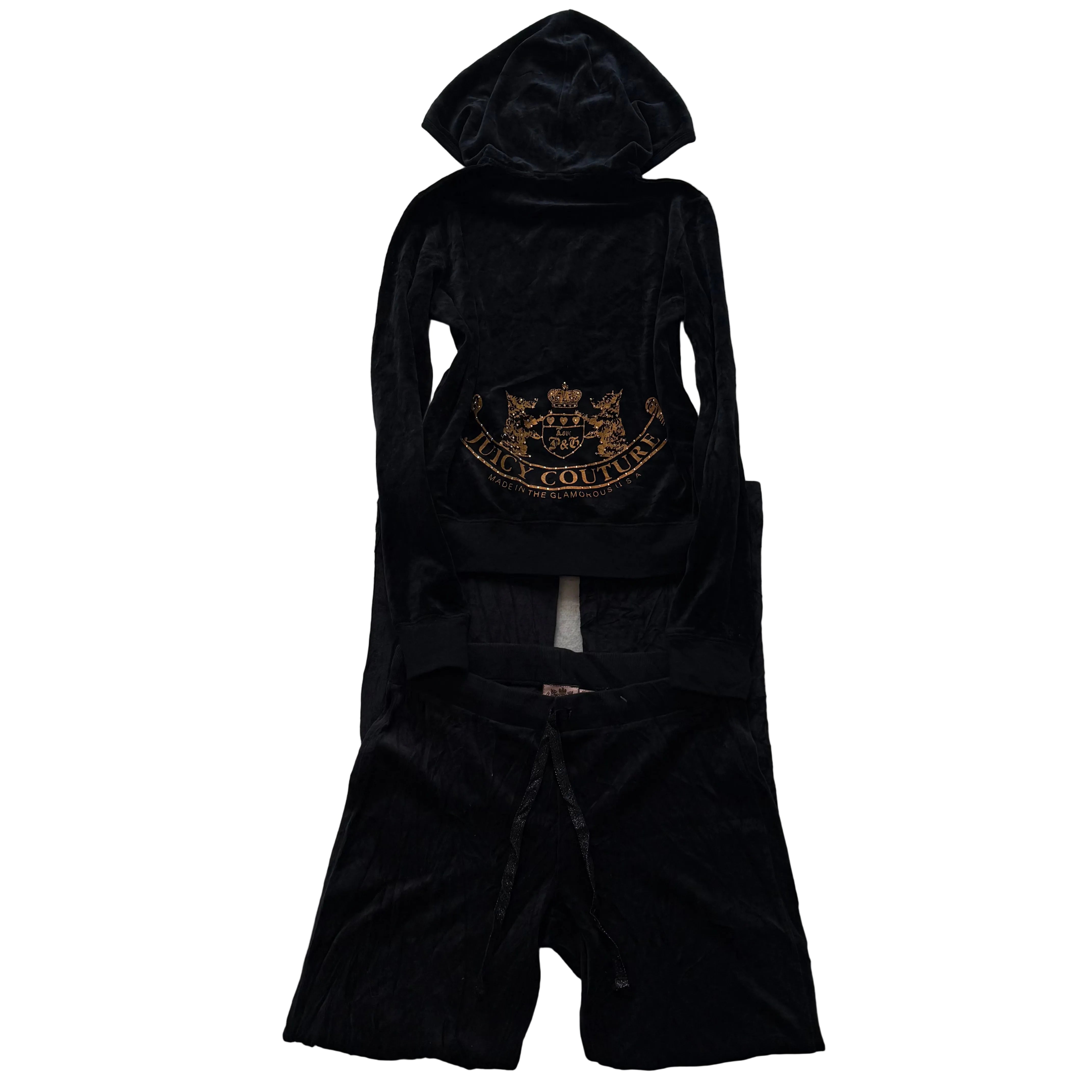 Juicy Couture Women's Black Tracksuit Set Zip Up Hoodie & Flared Pant Y2k Size S-Coordom