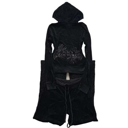 Juicy Couture Womens Black Tracksuit Set Zip Up Hoodie & Flared Pant Logo Size S-Coordom