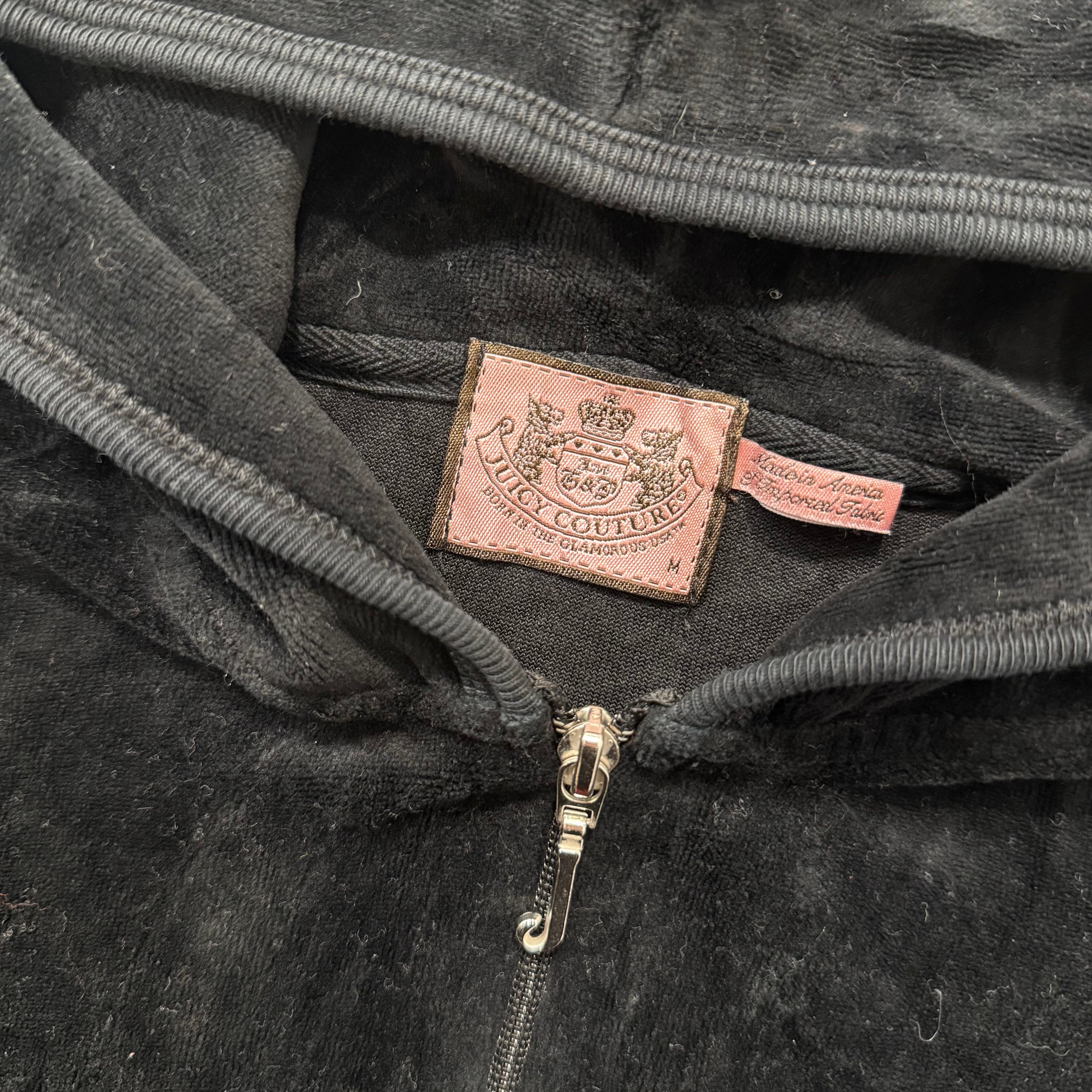 Juicy Couture Black Velour Tracksuit Set Zip Up Hoodie & Flared Pants Y2K Size M-Coordom