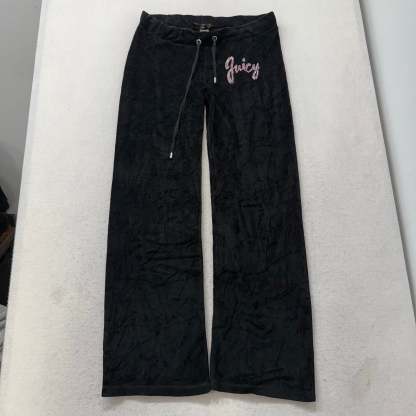 Juicy Couture Black Velour Tracksuit Set Zip Up Hoodie & Flare Pant Logo Size XL-Coordom