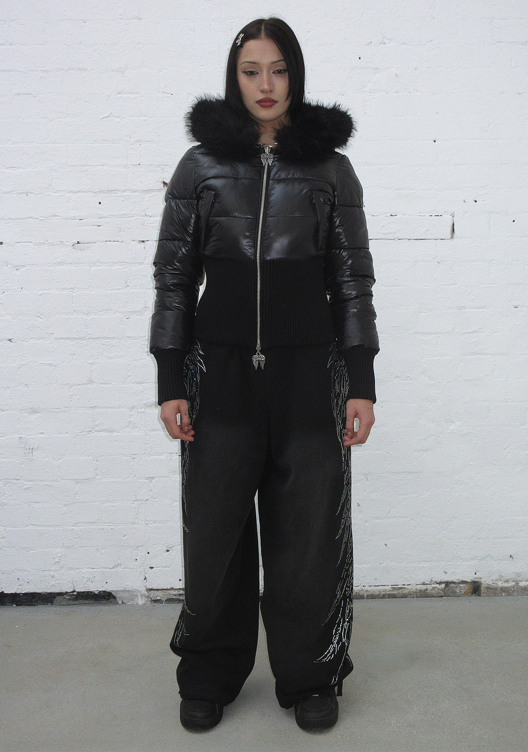 FALLEN FAUX FUR REVERSIBLE RIB PUFFER JACKET BLACK-Coordom