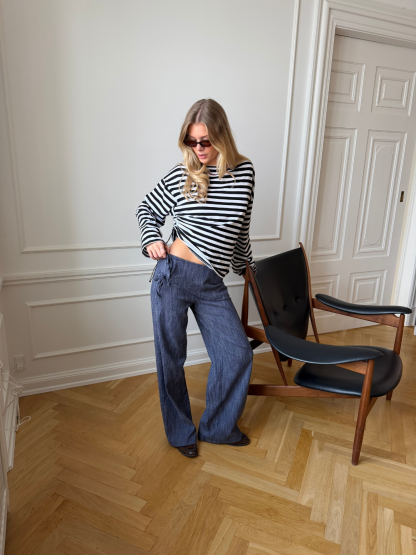 Liana Tie Detail Denim Jeans | Medium Blue Vintage Streetwear Pants-Coordom