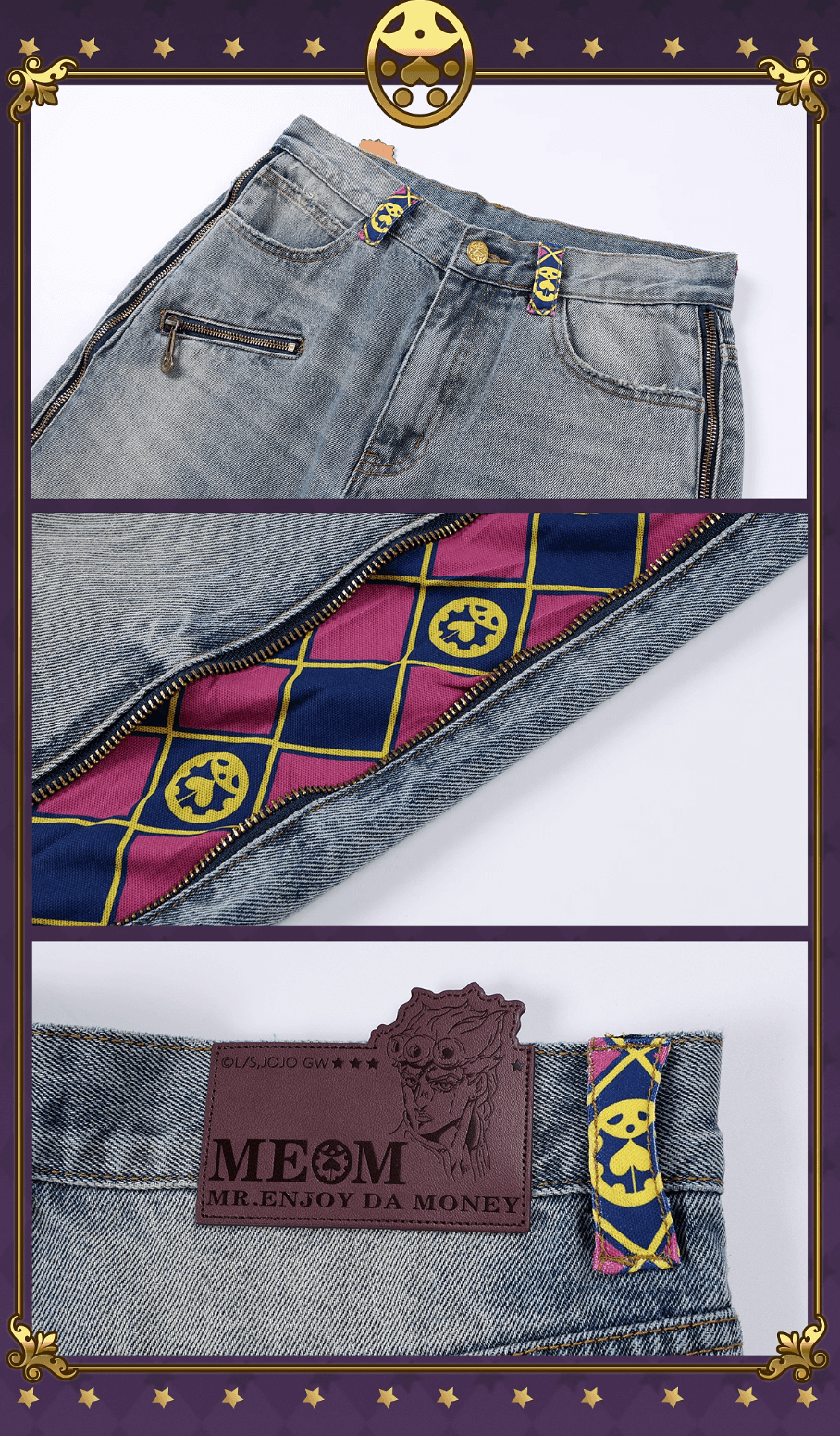 JOJO Side Zipper Checkered Washed Jeans | Anime Streetwear Baggy Denim-Coordom