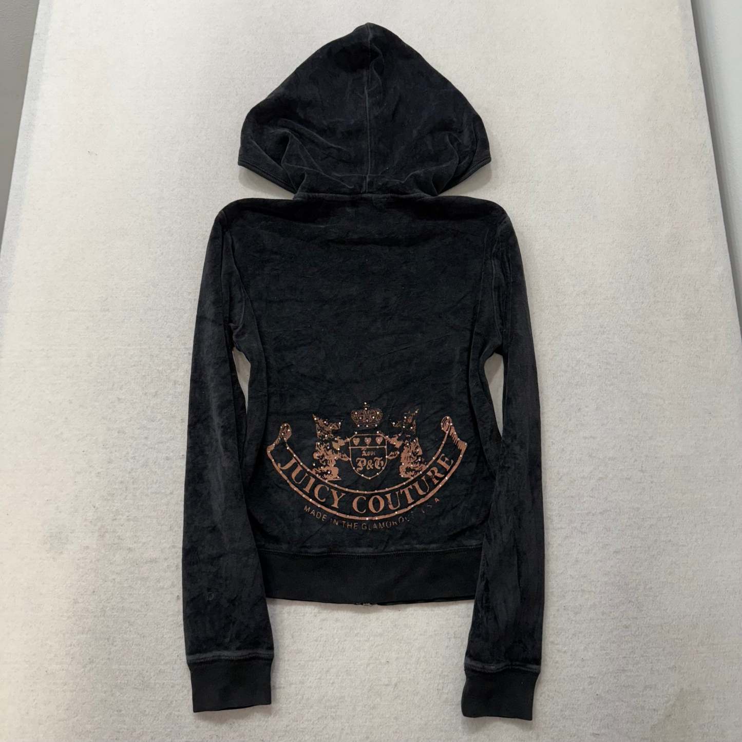 Juicy Couture Black Velour Tracksuit Set Zip Up Hoodie & Flared Pant Logo Size S-Coordom