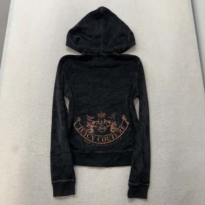 Juicy Couture Black Velour Tracksuit Set Zip Up Hoodie & Flared Pant Logo Size S-Coordom