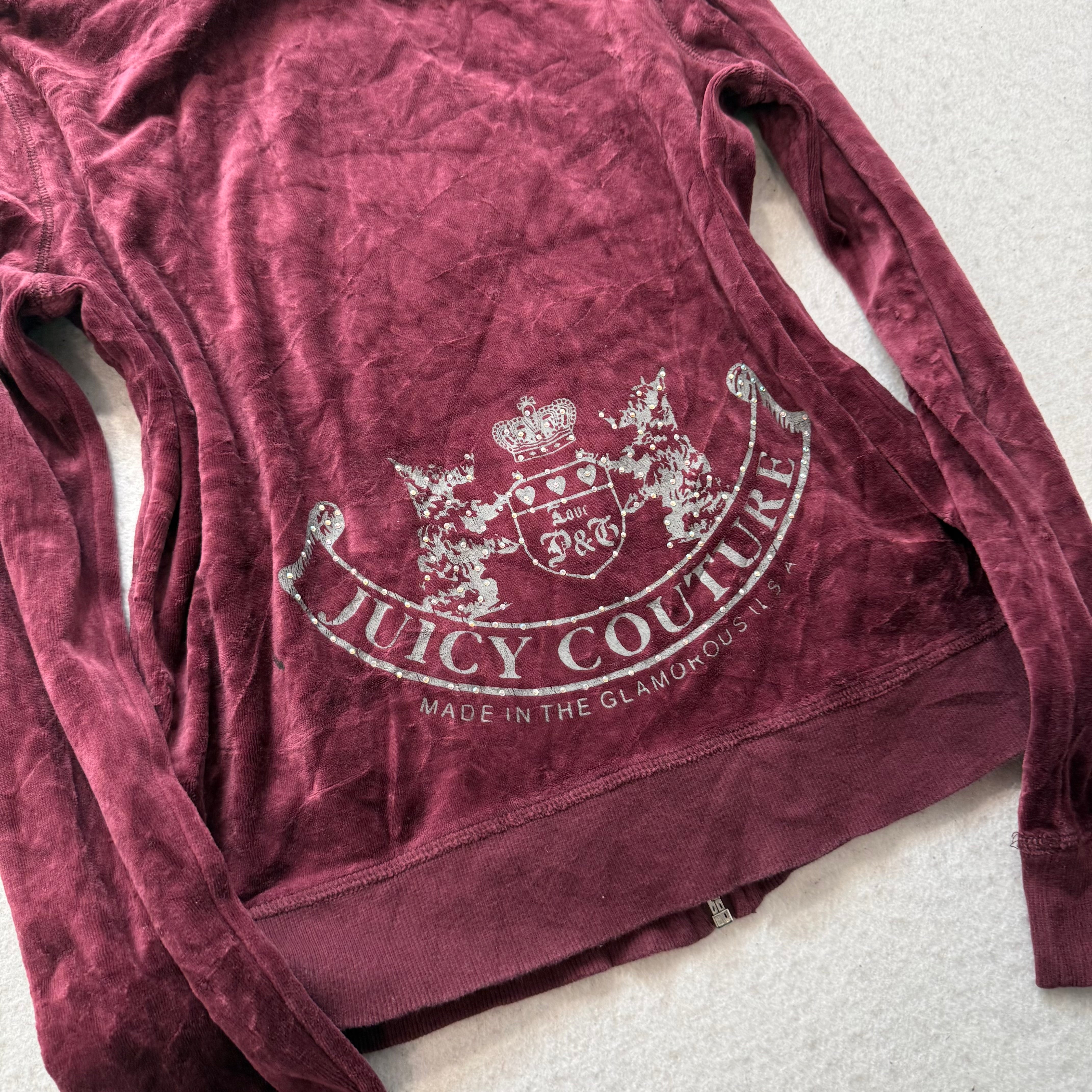 Juicy Couture Scottie Dogs Women's Burgundy Velour Zip-Up Hoodie Pockets Size M-Coordom