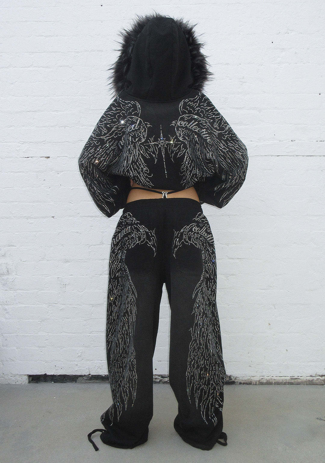 FAUX FUR RHINESTONE SET Black-Coordom