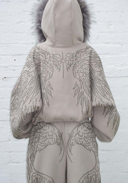 FALLEN FAUX FUR STUDDED CROP ZIP HOODIE BONE (DETACHABLE FUR)-Coordom