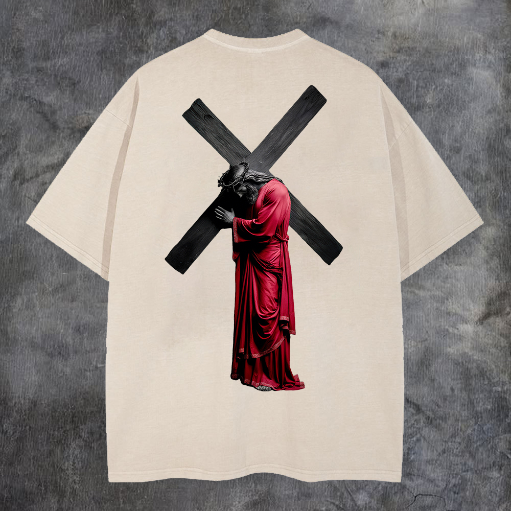 Cross - Bearing Figure Washed T-Shirt-Coordom