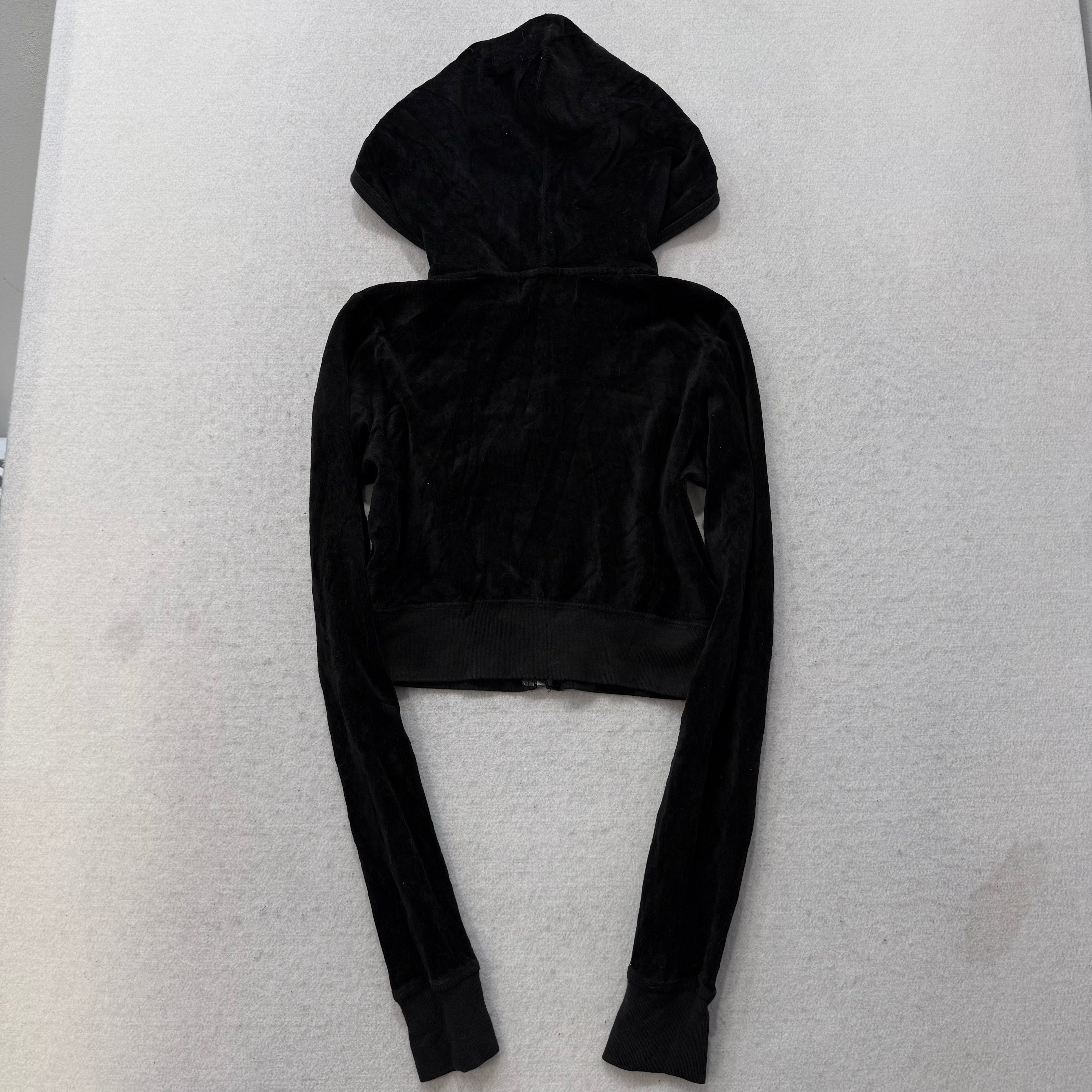 2003 Vintage Juicy Couture Women's Black Velour Zip-Up Cropped Hoodie Y2k Size P-Coordom