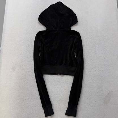 2003 Vintage Juicy Couture Women's Black Velour Zip-Up Cropped Hoodie Y2k Size P-Coordom