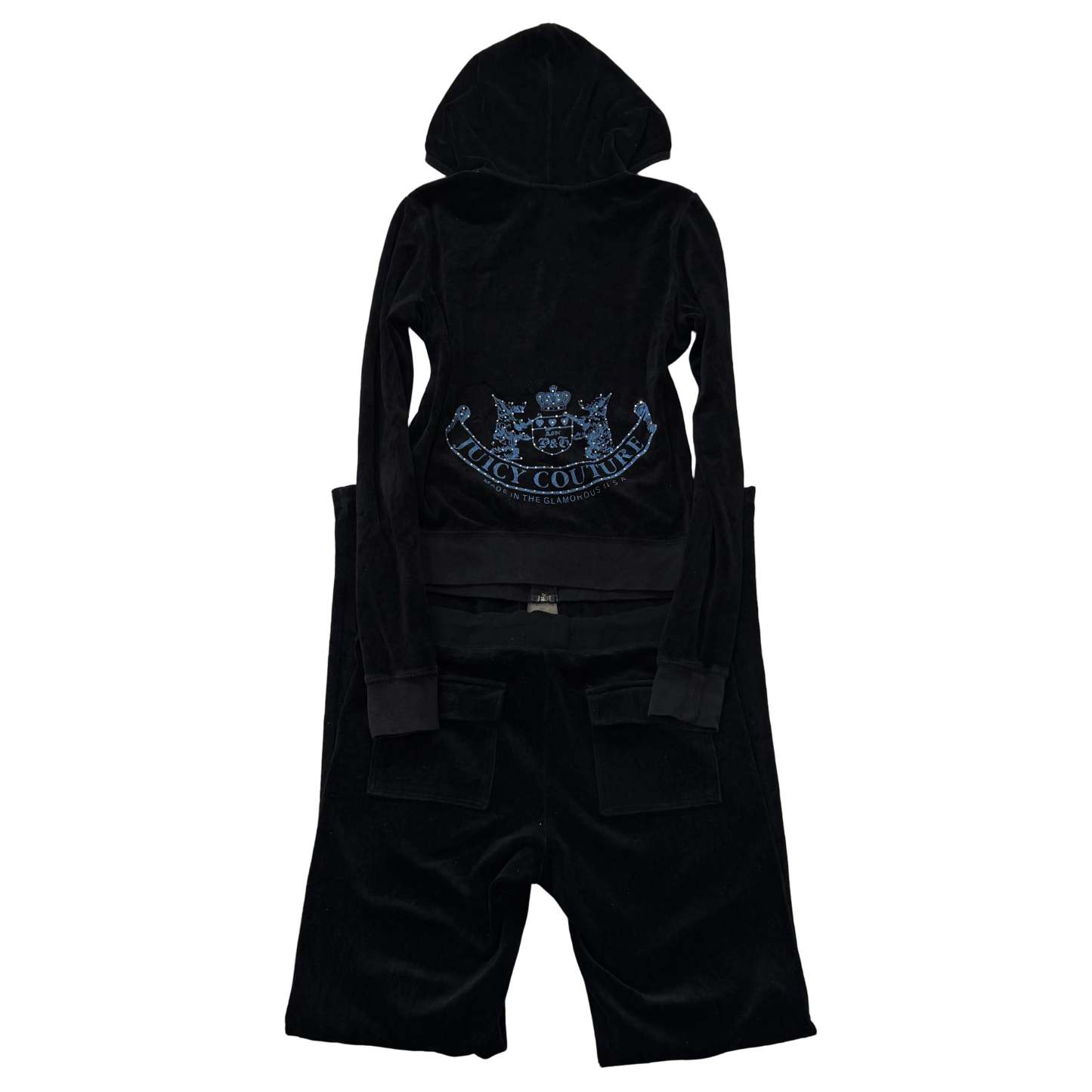 Juicy Couture Black Velour Tracksuit Set Zip Up Hoodie & Flared Pant Logo Size M-Coordom