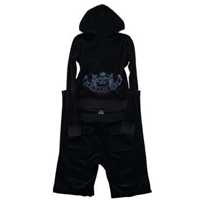 Juicy Couture Black Velour Tracksuit Set Zip Up Hoodie & Flared Pant Logo Size M-Coordom