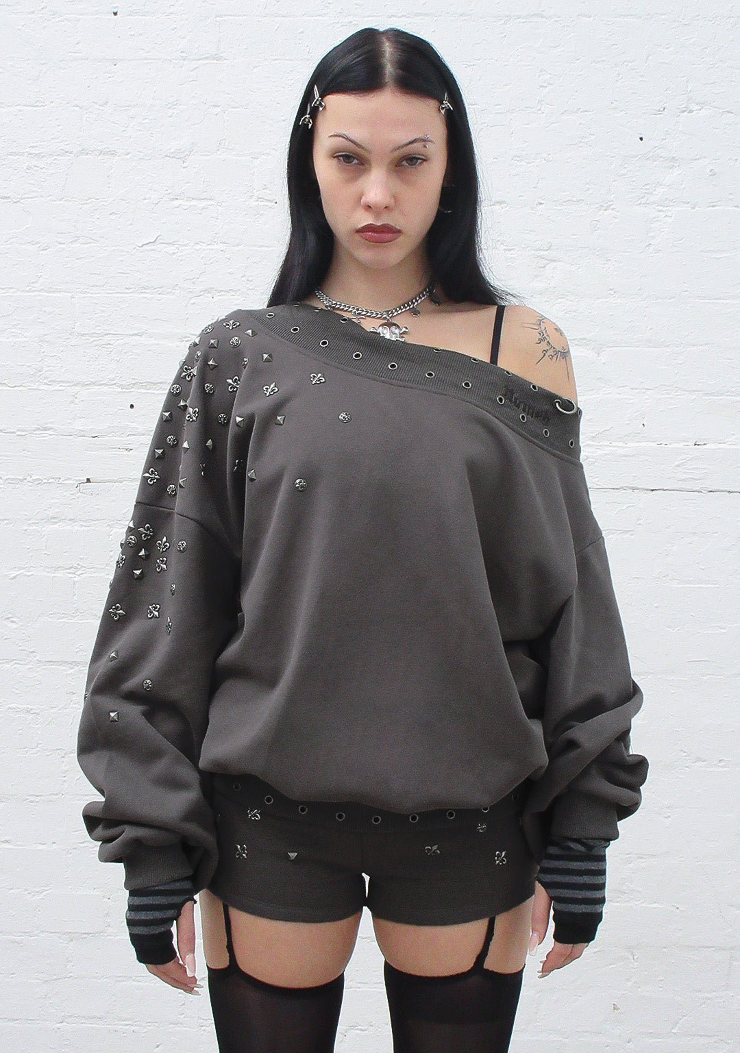MIDNIGHT STUDDED OFF THE SHOULDER SWEATER CHARCOAL-Coordom