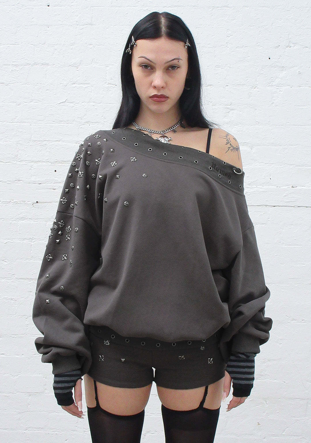 MIDNIGHT STUDDED OFF THE SHOULDER SWEATER CHARCOAL-Coordom