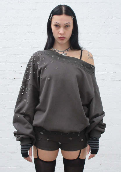 MIDNIGHT STUDDED OFF THE SHOULDER SWEATER CHARCOAL-Coordom