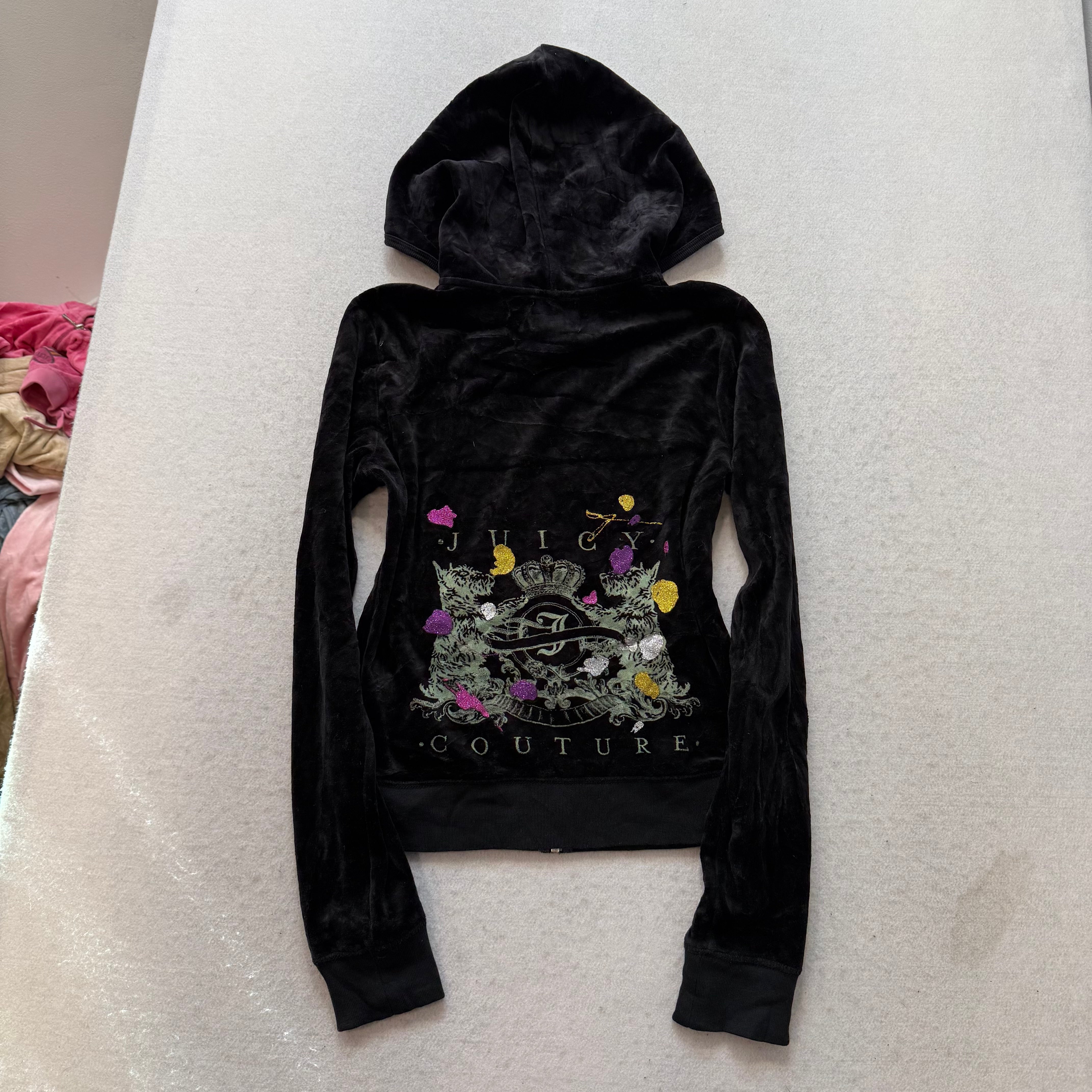 Juicy Couture Scottie Dogs Black Velour Tracksuit Set Hoodie & Pants Size M/S-Coordom