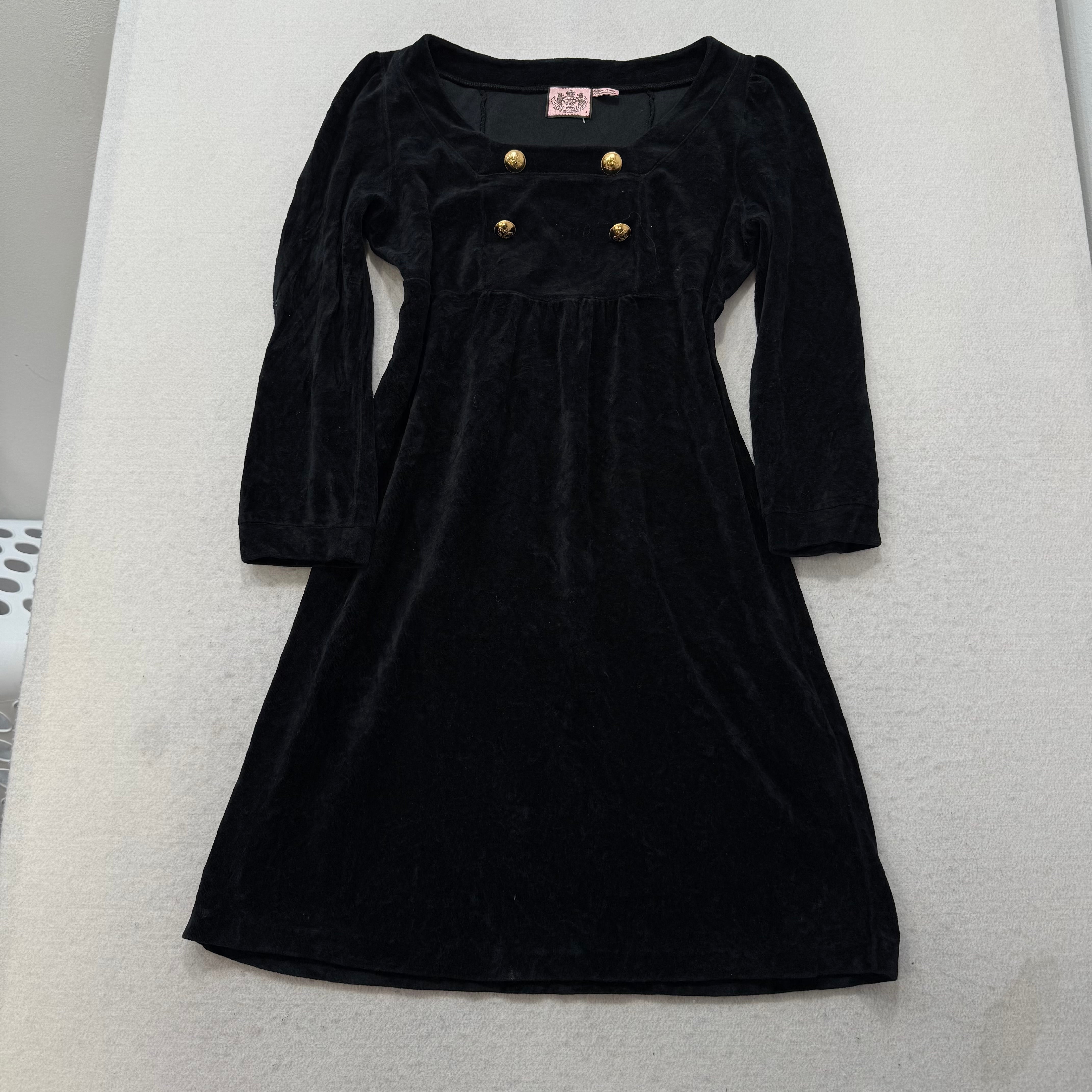 Juicy Couture Women's Black Velour Long Sleeve Dress Gold Crest Buttons Size P-Coordom