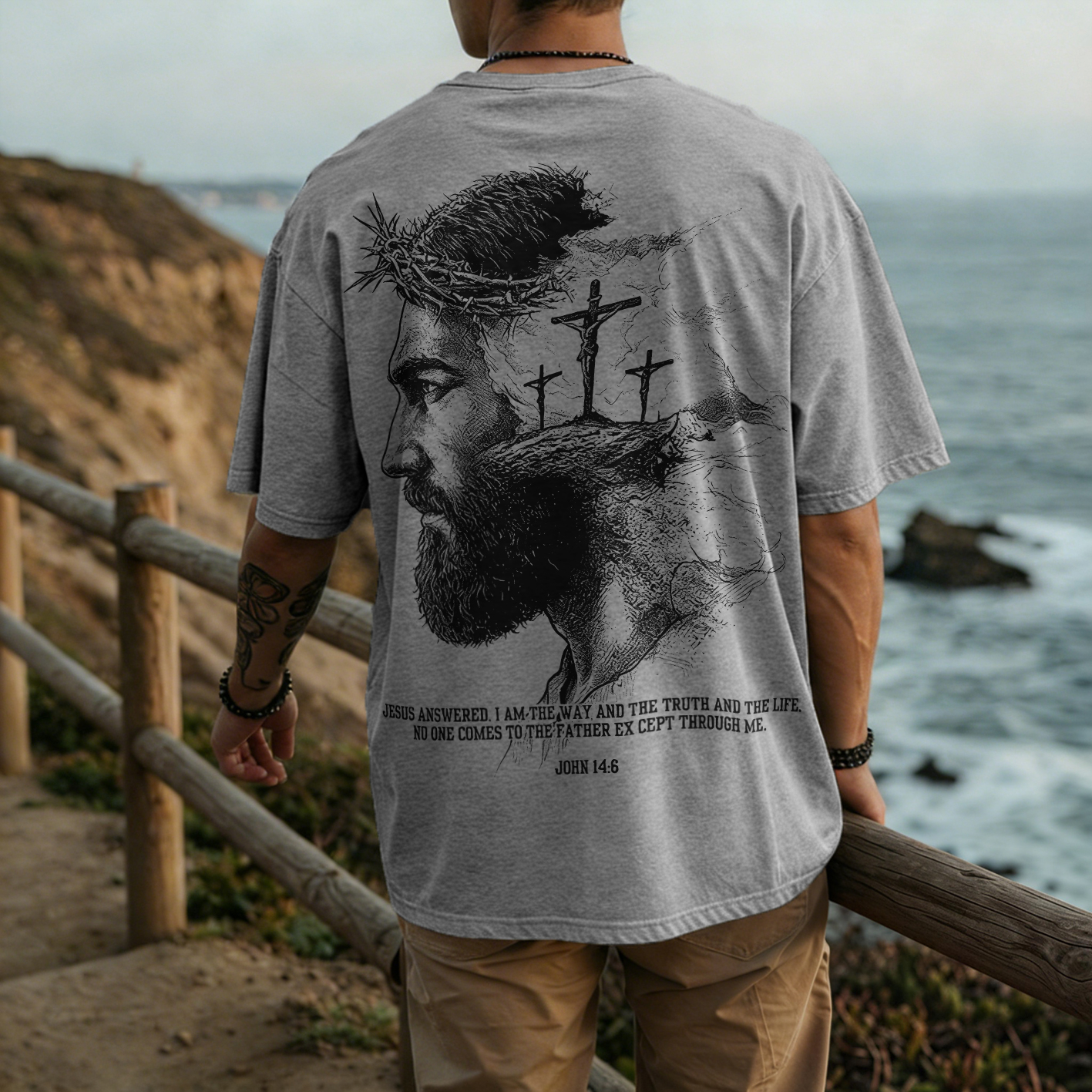 Jesus Answered I Am The Way And The Truth And The Life Printed Men's Washed Tee-Coordom