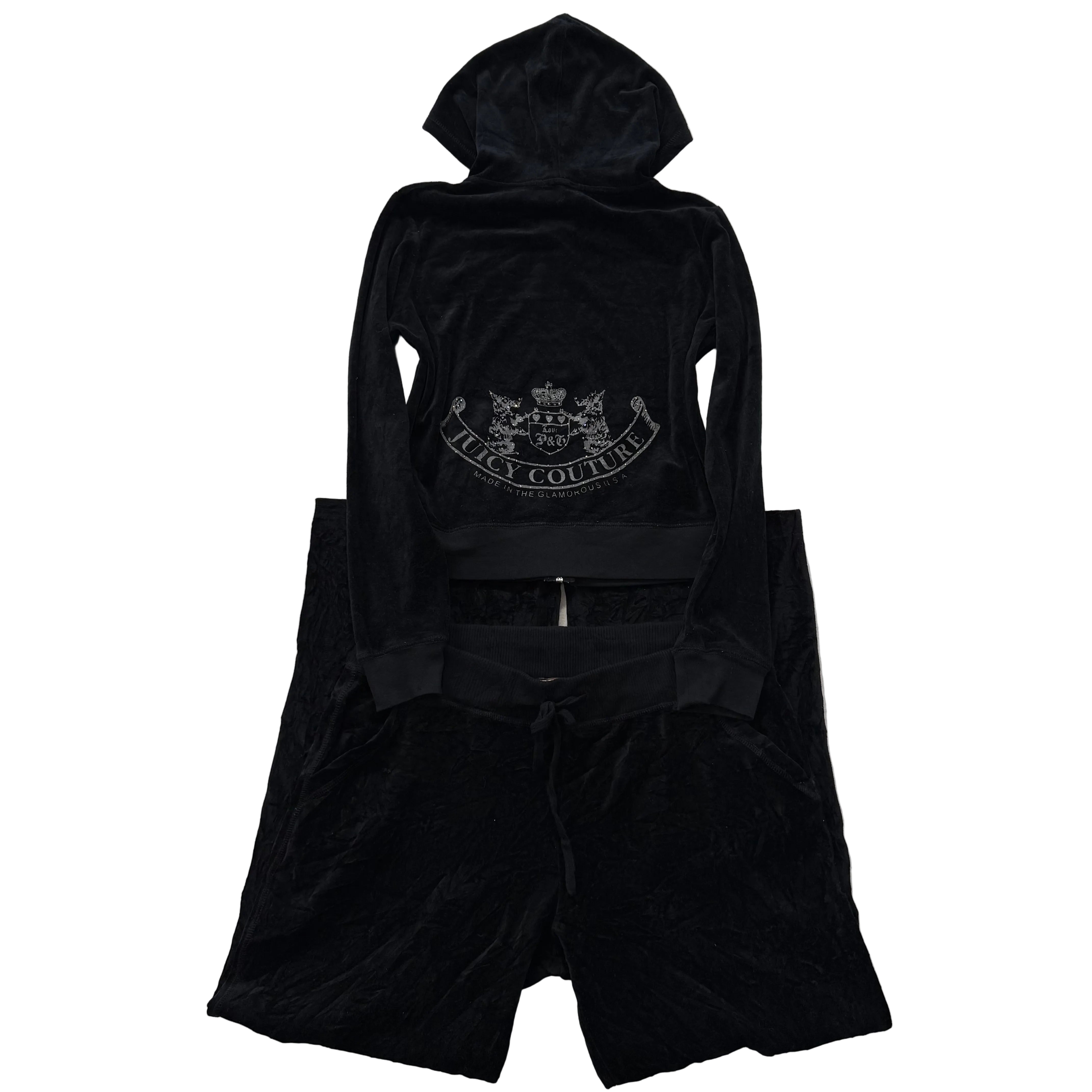 Juicy Couture Black Velour Tracksuit Set Zip Up Hoodie & Straight Pants Size L-Coordom