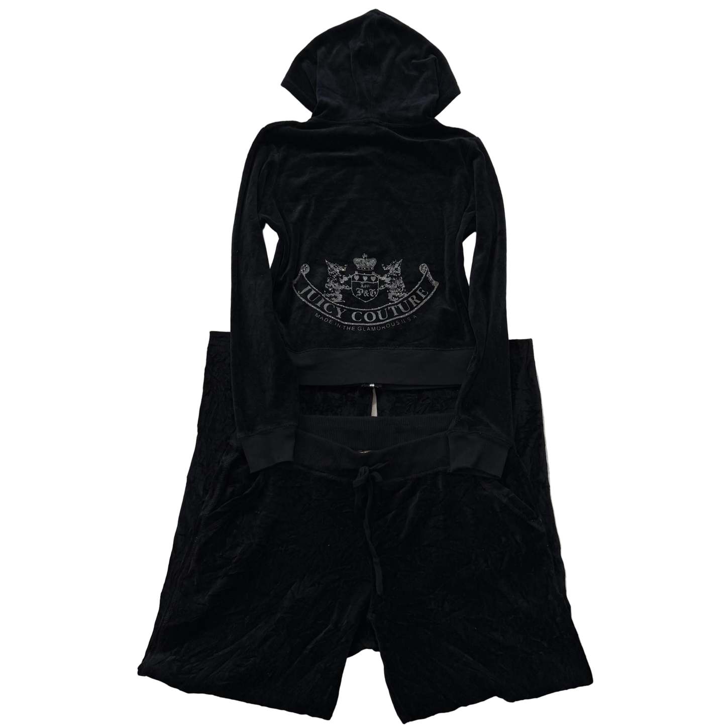 Juicy Couture Black Velour Tracksuit Set Zip Up Hoodie & Straight Pants Size L-Coordom