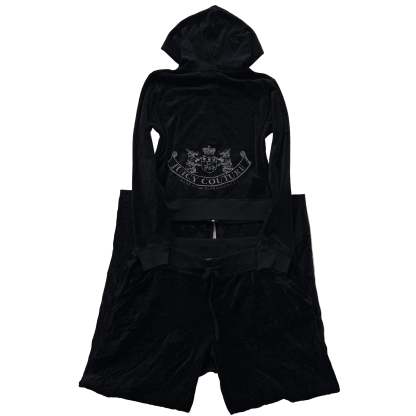Juicy Couture Black Velour Tracksuit Set Zip Up Hoodie & Straight Pants Size L-Coordom