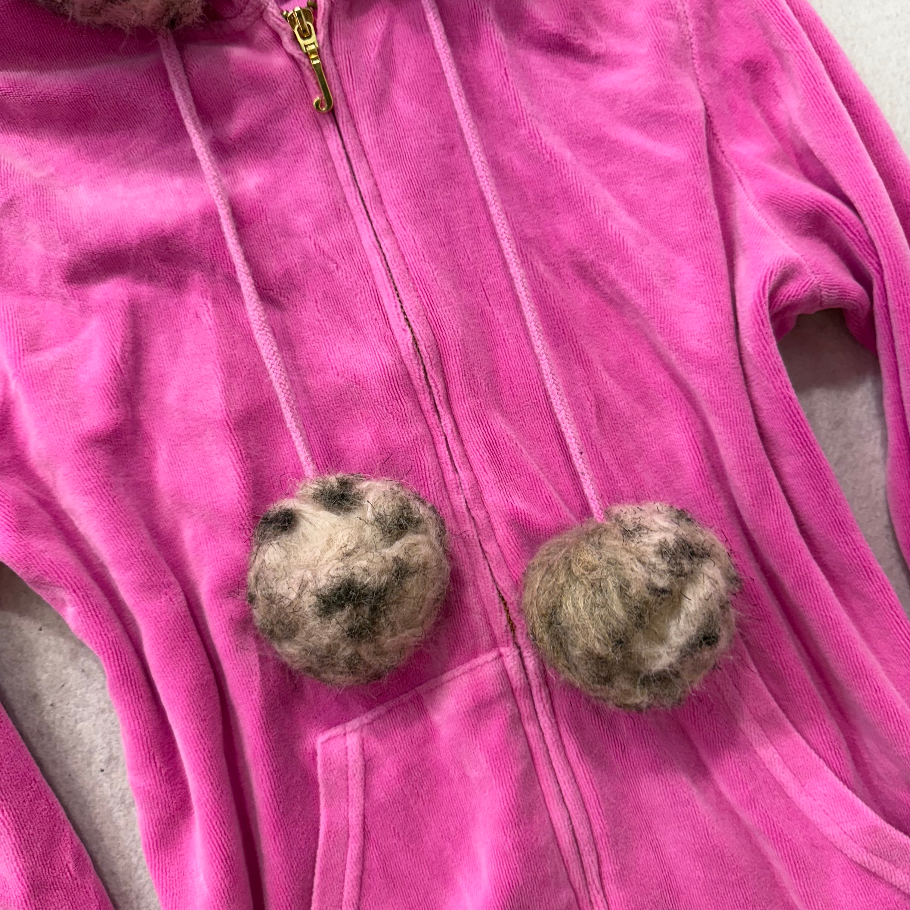 Juicy Couture Hot Pink Velour Zip-Up Hoodie Faux Fur Hood with Pom-Poms Size S-Coordom
