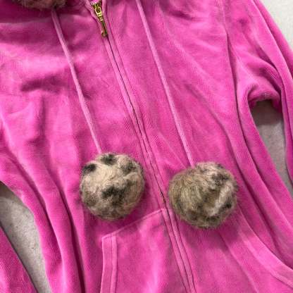 Juicy Couture Hot Pink Velour Zip-Up Hoodie Faux Fur Hood with Pom-Poms Size S-Coordom