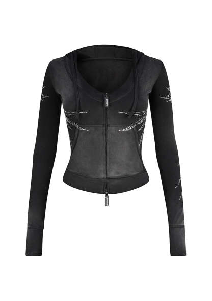 FALLEN RHINESTONE SCULPT HOODIE WASHED BLACK-Coordom
