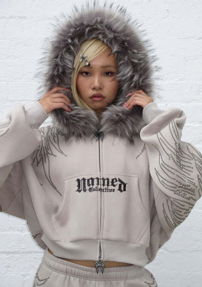FALLEN FAUX FUR STUDDED CROP ZIP HOODIE BONE (DETACHABLE FUR)-Coordom