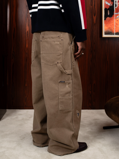 DISTRESSED DOUBLE-KNEE WORKWEAR PANTS-Coordom
