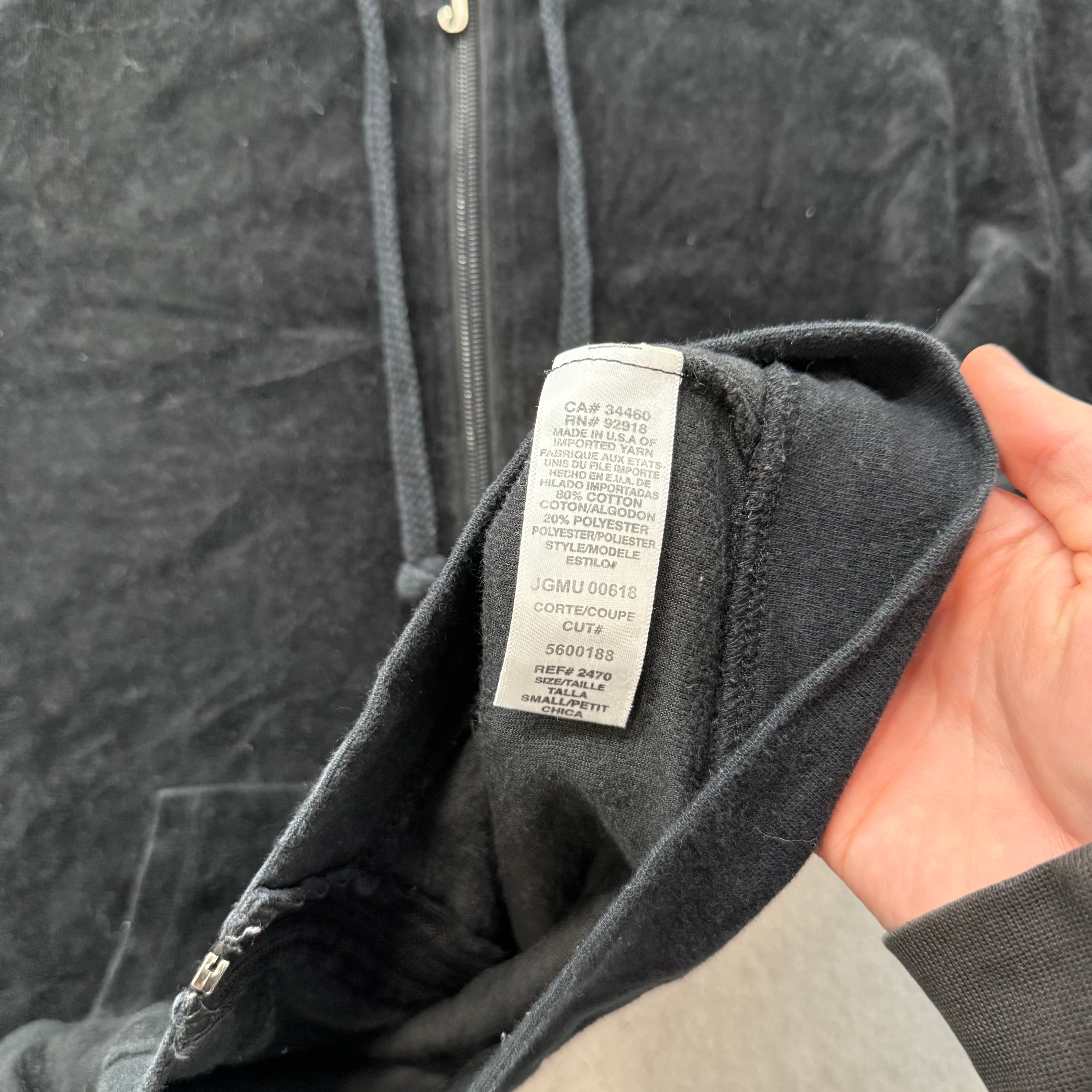Vintage Juicy Couture Women's Black Velour Zip-Up Hoodie Slash Pockets Size S-Coordom