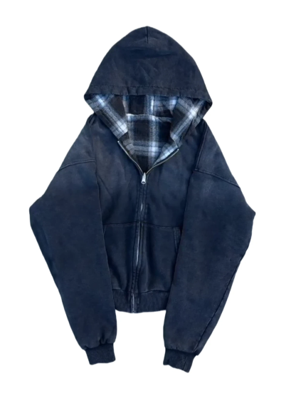 REVERSIBLE PLAID ZIP HOODIE|Streetwear Oversized Vintage Casual Wear-Coordom