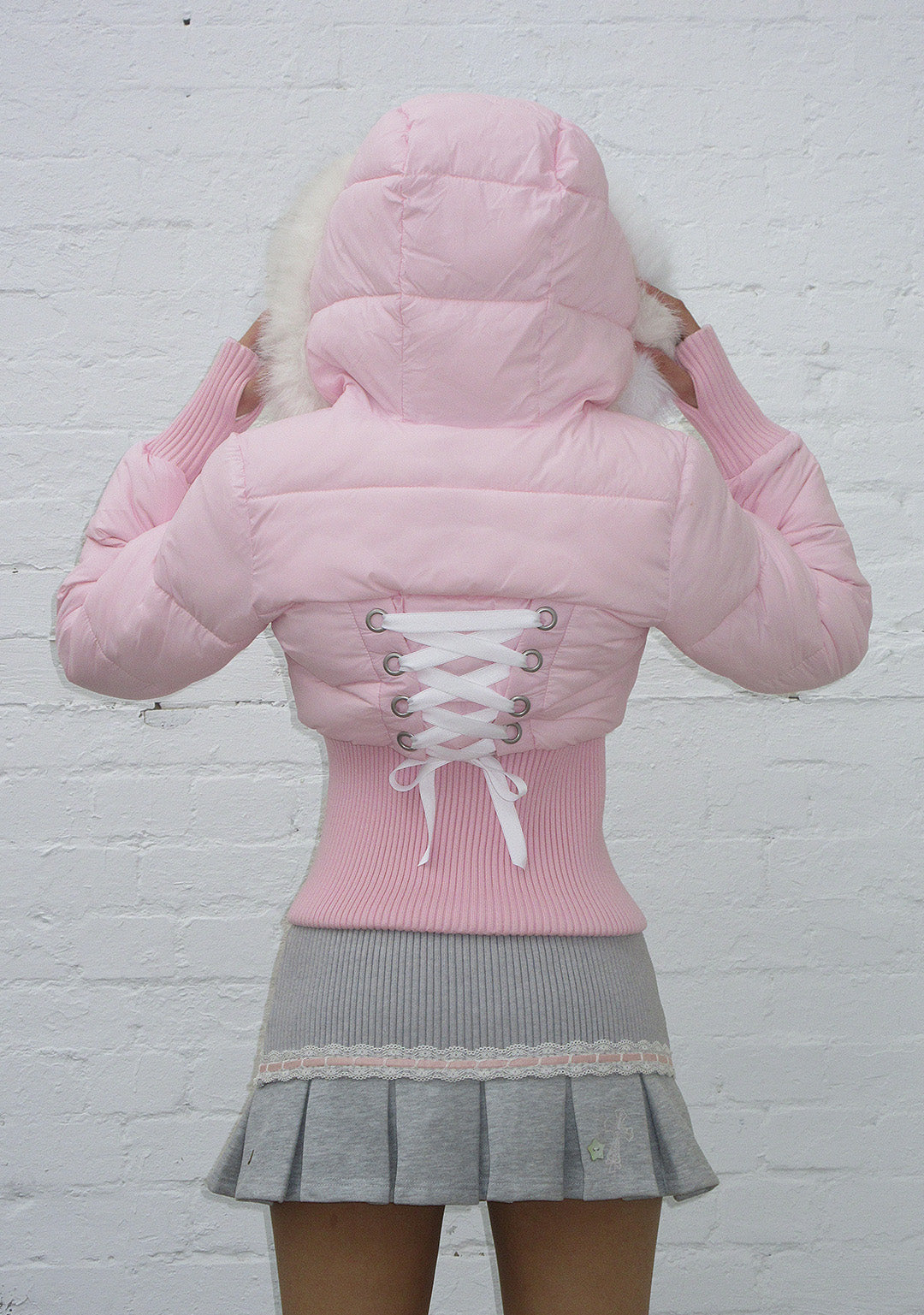 FALLEN FAUX FUR REVERSIBLE RIB PUFFER JACKET BABY PINK AND WHITE-Coordom