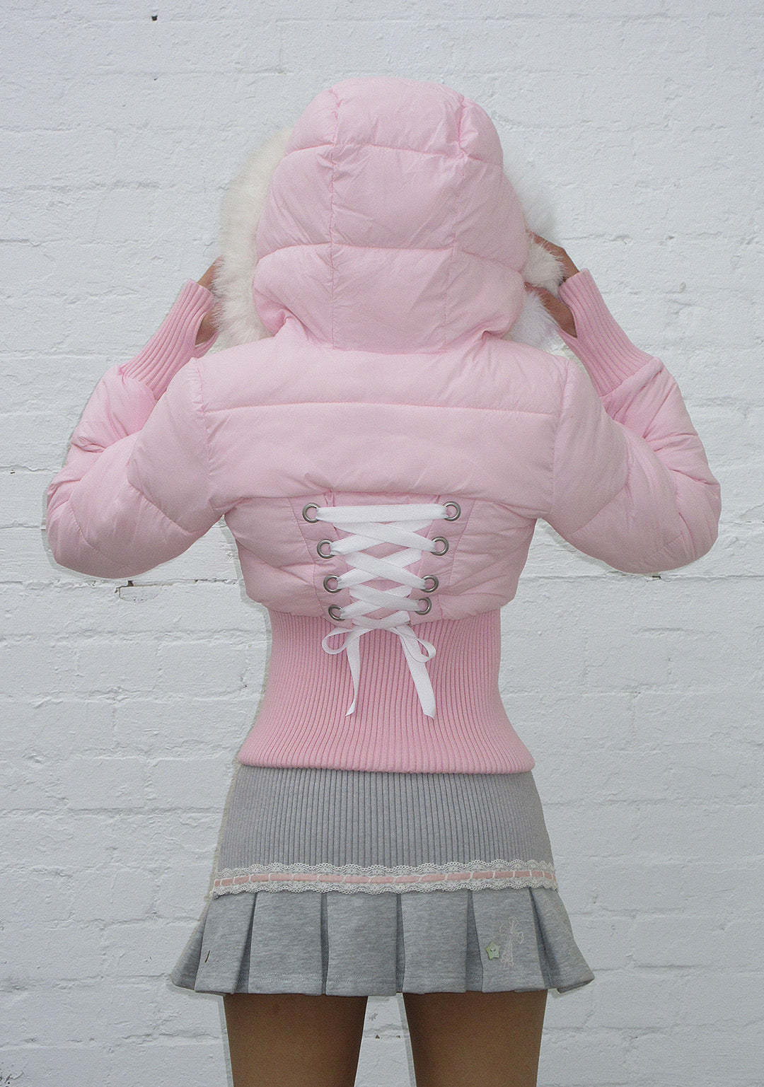 FALLEN FAUX FUR REVERSIBLE RIB PUFFER JACKET BABY PINK AND WHITE-Coordom