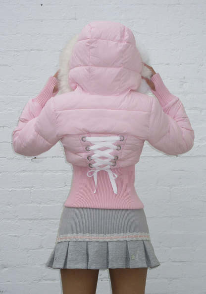 FALLEN FAUX FUR REVERSIBLE RIB PUFFER JACKET BABY PINK AND WHITE-Coordom