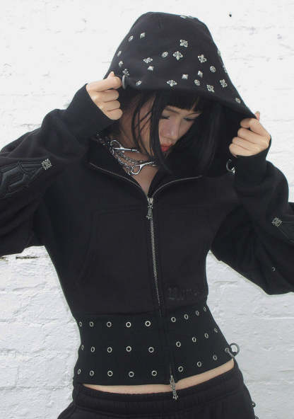 MIDNIGHT STUDDED FITTED WAIST ZIP CROP HOODIE BLACK-Coordom
