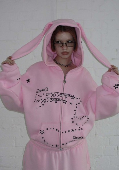MALFUNCTION BUNNY ZIP HOODIE BABY PINK (DETACHABLE EARS)-Coordom