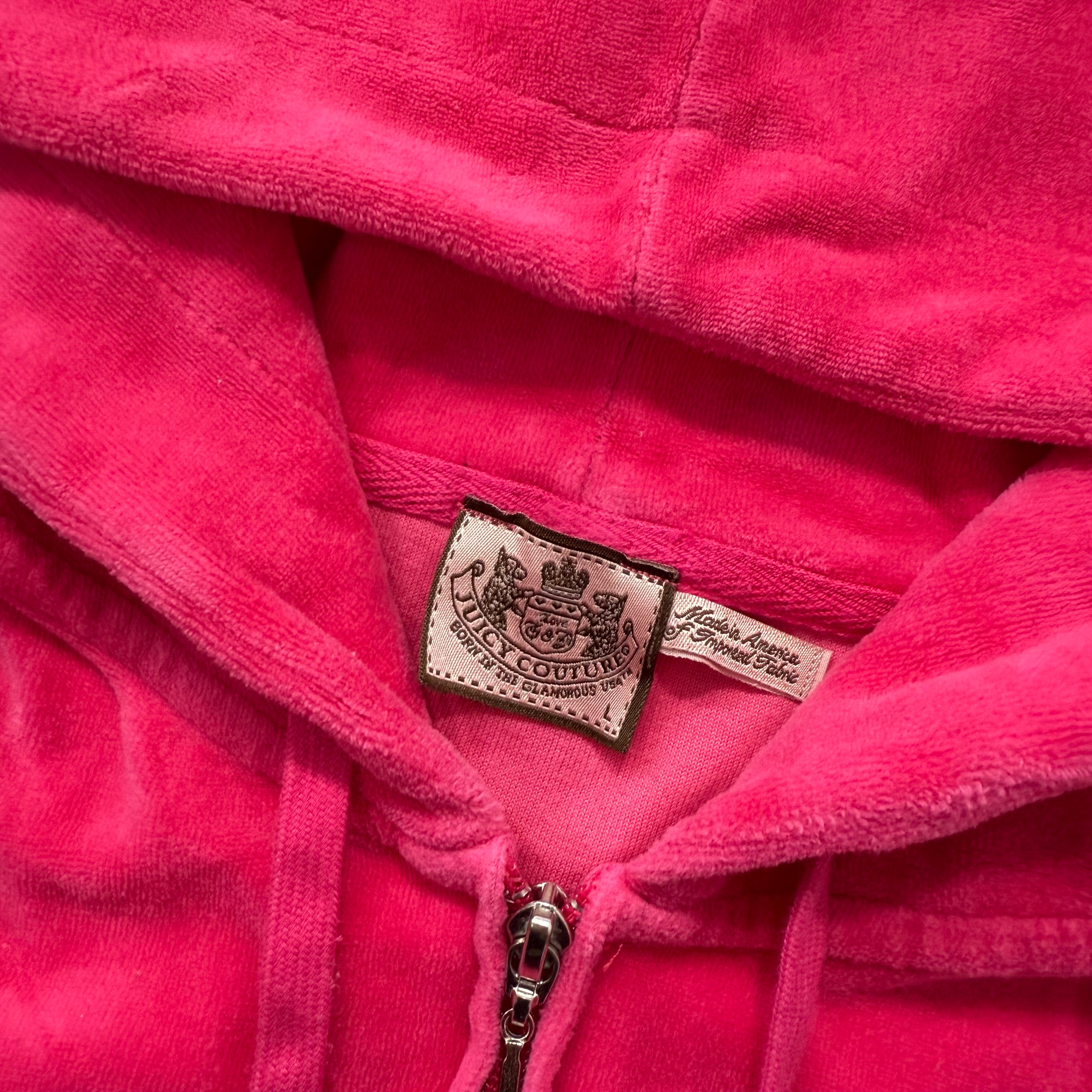 Vintage Juicy Couture Women's Hot Pink Velour Zip Up Hoodie Graphic Logo Size L-Coordom