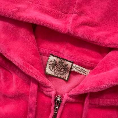Vintage Juicy Couture Women's Hot Pink Velour Zip Up Hoodie Graphic Logo Size L-Coordom