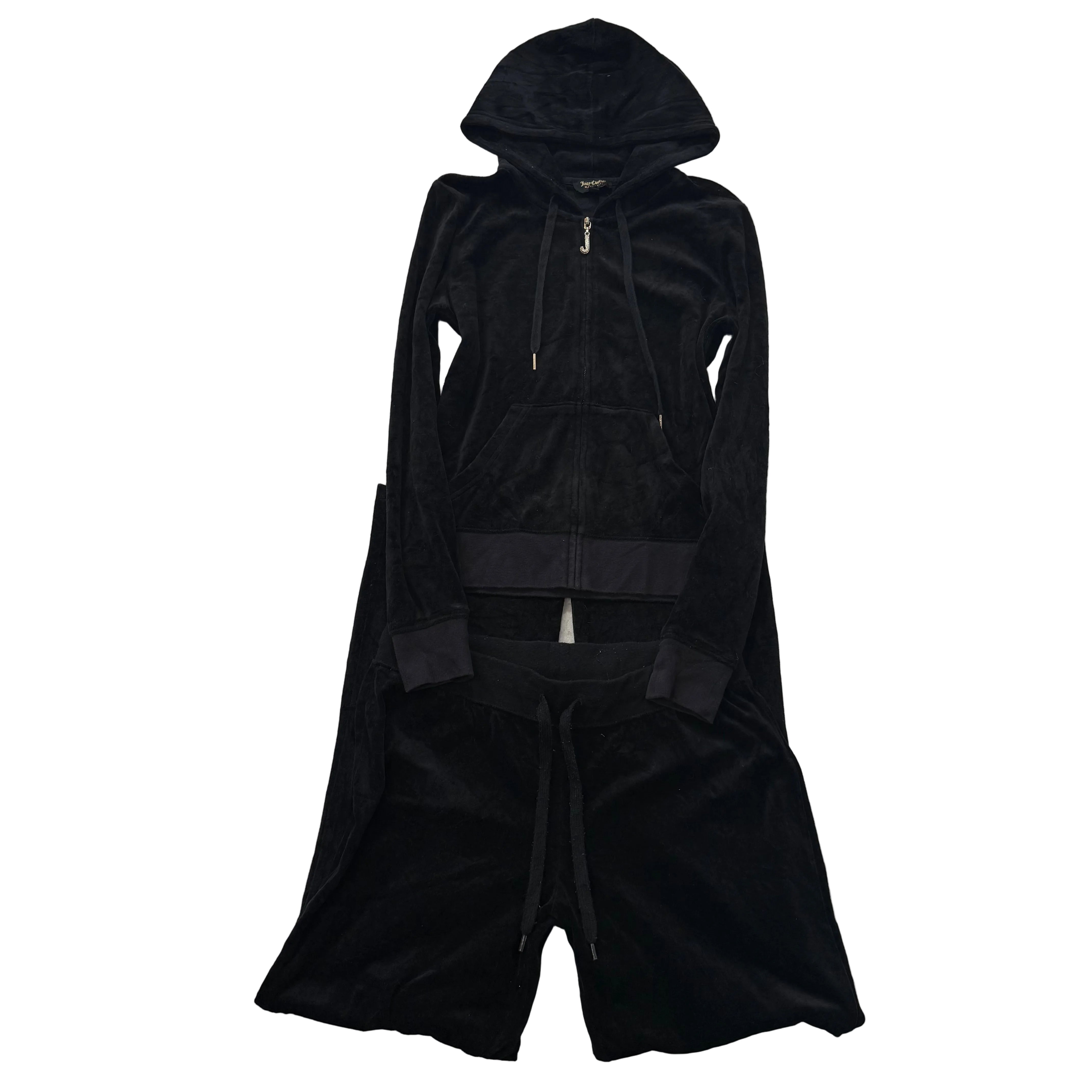 Juicy Couture Black Velour Tracksuit Set Zip Up Hoodie & Flared Pant Y2K Size S-Coordom