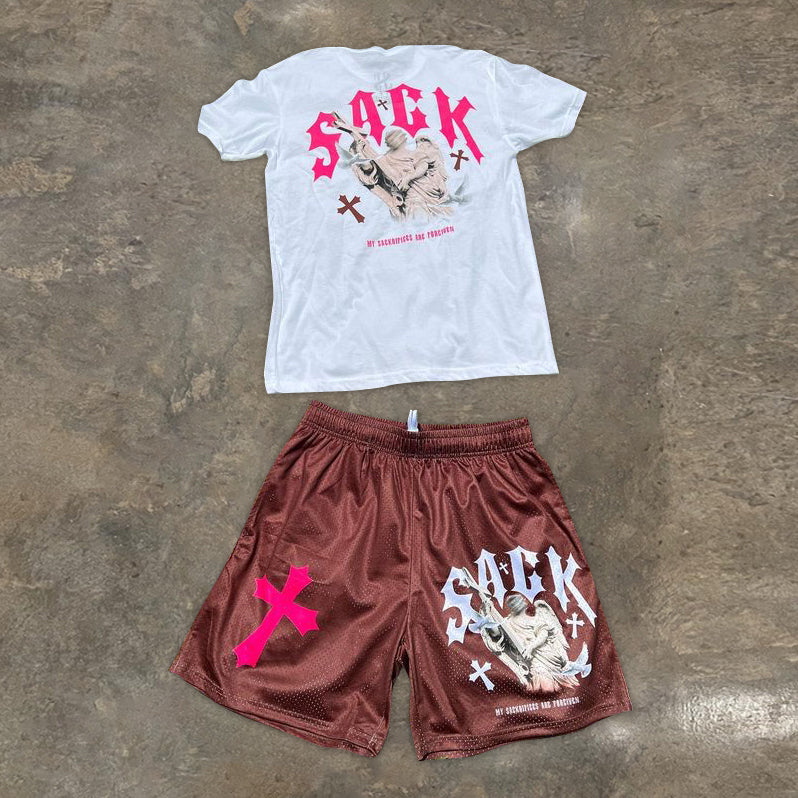 Fashionable personality street style cross print shorts set-Coordom