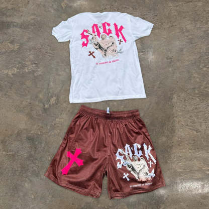 Fashionable personality street style cross print shorts set-Coordom