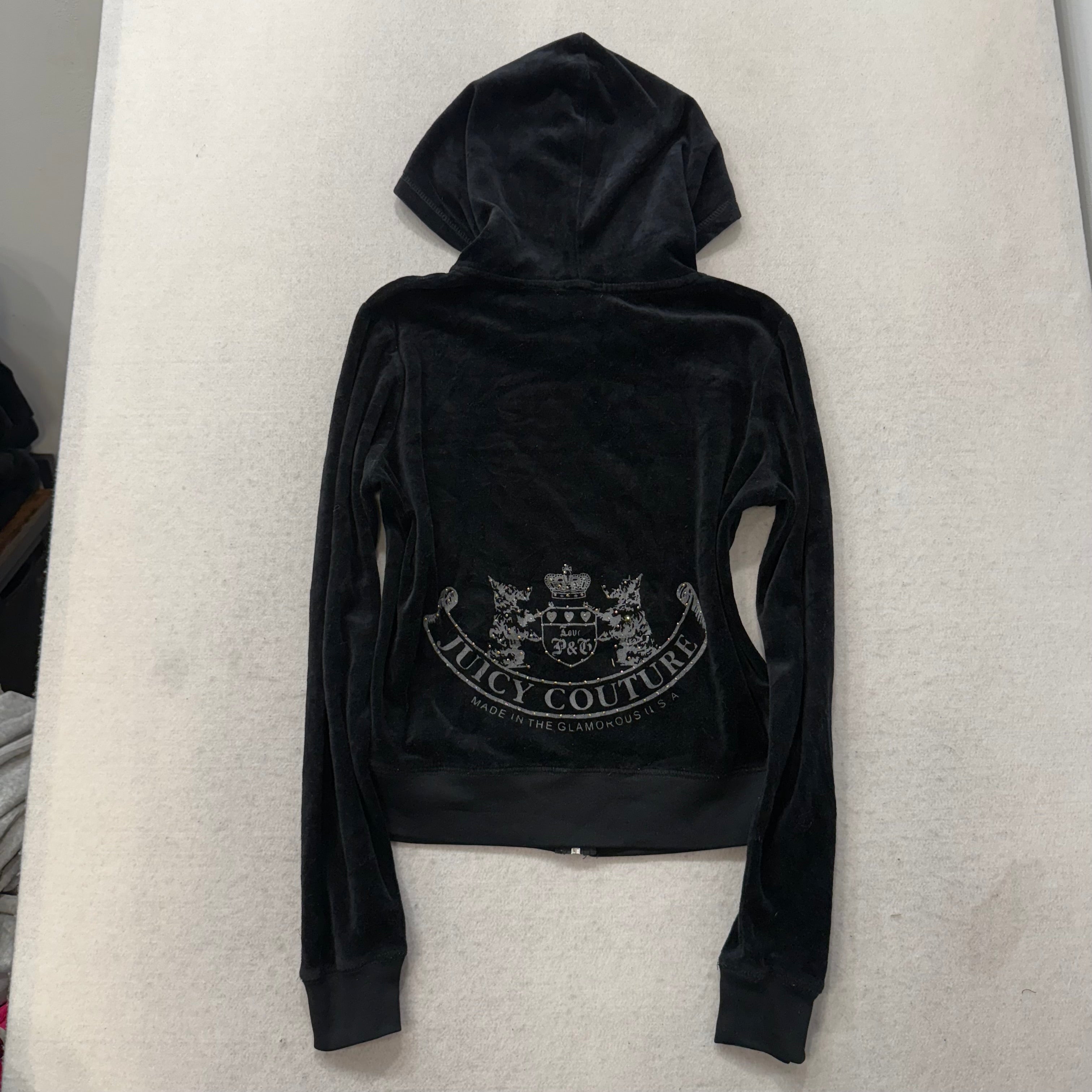 Juicy Couture Black Velour Tracksuit Set Zip Up Hoodie & Straight Pants Size L-Coordom