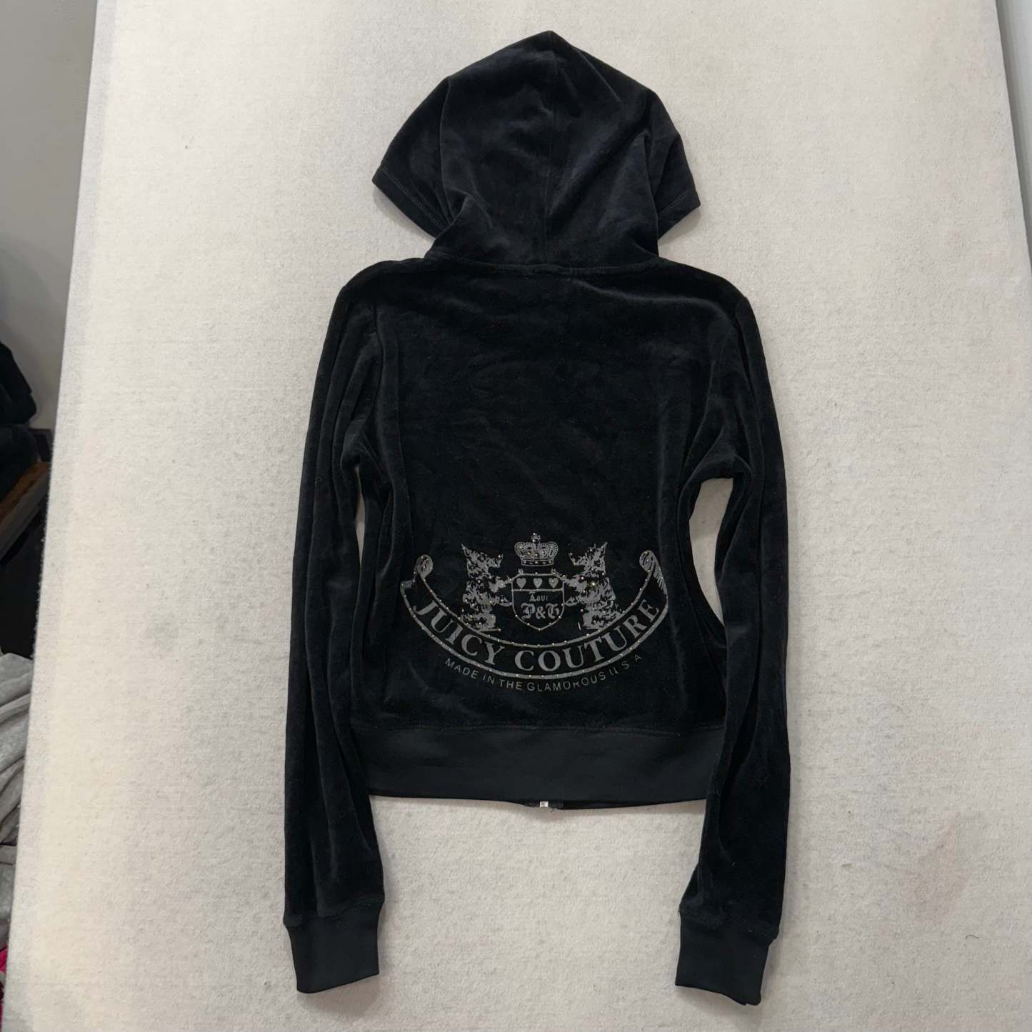Juicy Couture Black Velour Tracksuit Set Zip Up Hoodie & Straight Pants Size L-Coordom