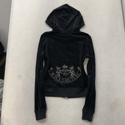 Juicy Couture Black Velour Tracksuit Set Zip Up Hoodie & Straight Pants Size L-Coordom