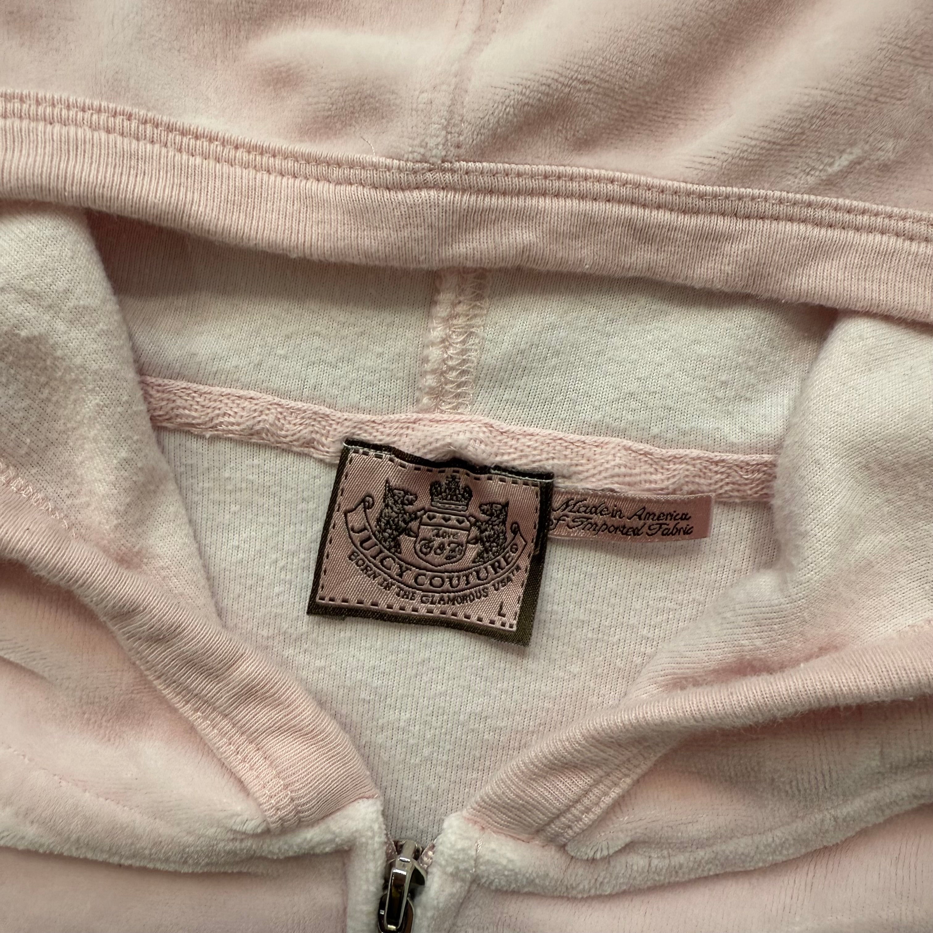 Vintage Juicy Couture Women's Baby Pink Velour Full Zip Hoodie Pockets Size L-Coordom